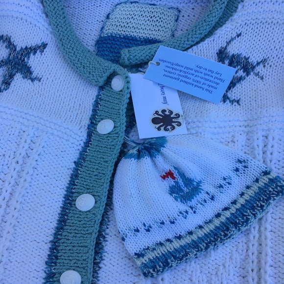 New! Handknit Mommy & Mini White Aqua Shades Seahorse Cardigan & Hat from NKS - Picture 4 of 9